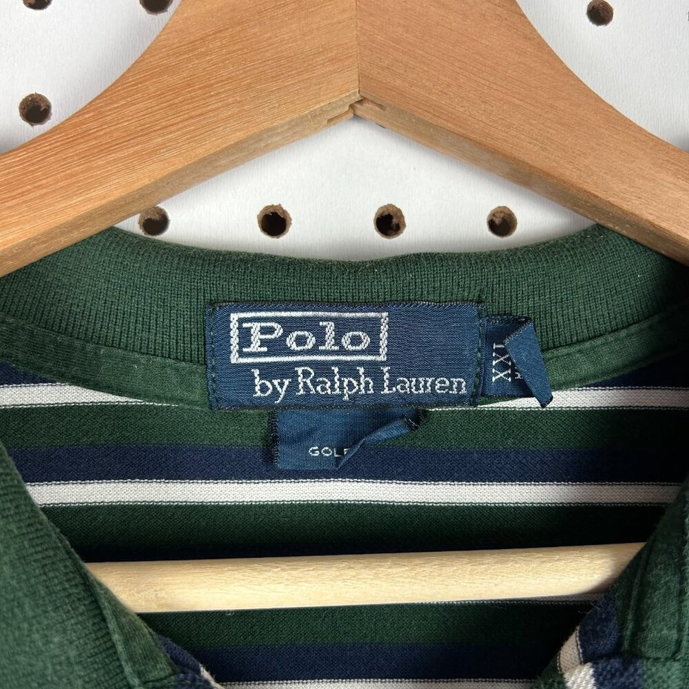 Polo Ralph Lauren Polo Shirt Size XXL Striped Golf Button Green‎ White Blue Pony - Picture 4 of 5